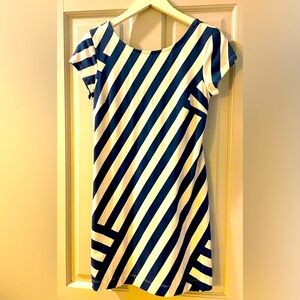 MAHI GOLD Addie Dress, short sleeve striped navy and white cotton dress, sz med